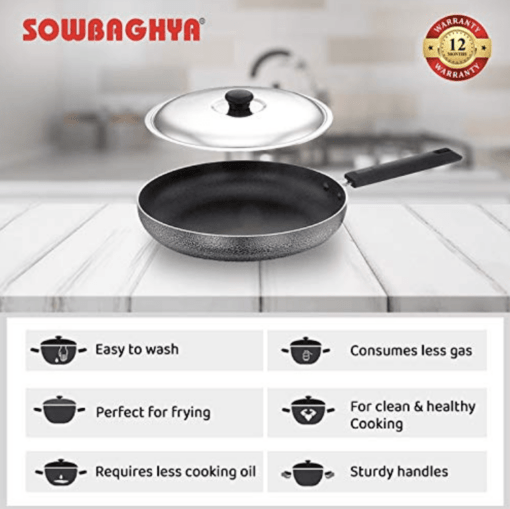 SOWBAGHYA Non Stick Fry Pan with Stainless Steel Lid (Multicolour) | with Soft Touch Handle | Stainless Steel Gas and Induction Compatible Fry Pan - Image 4